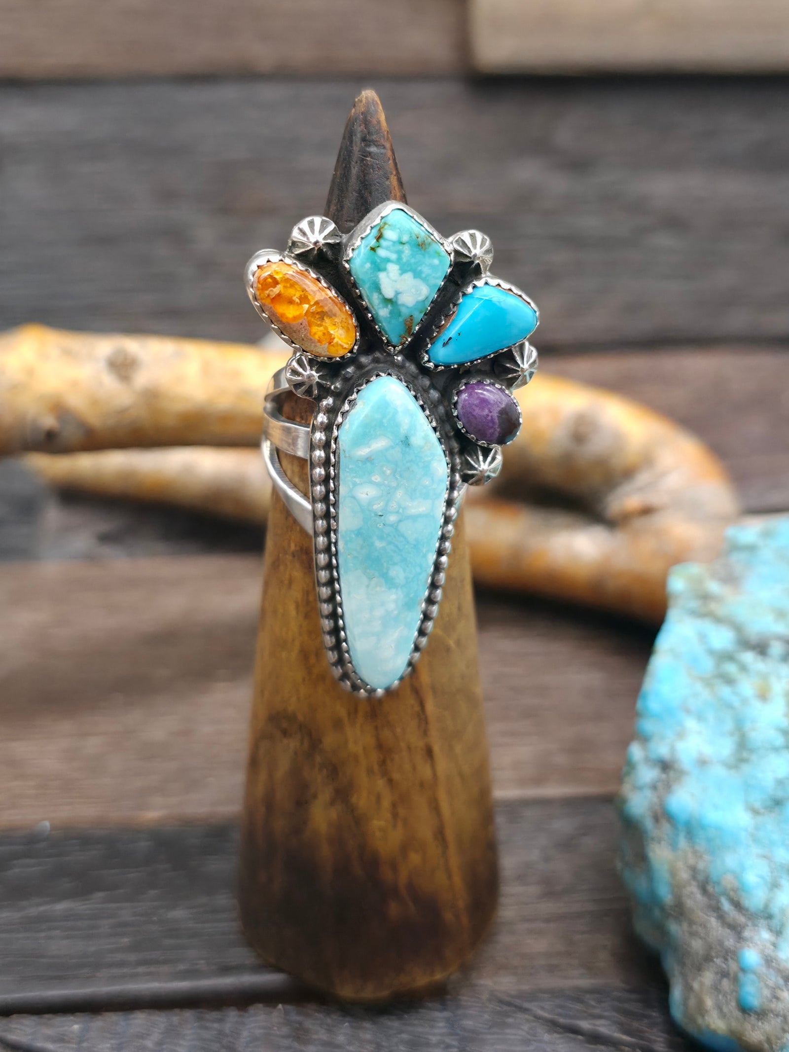Sterling Silver Larimar and Candelaria Turquoise Ring with Sugilite and Opal by Rosella Paxson - Size 8 1/2