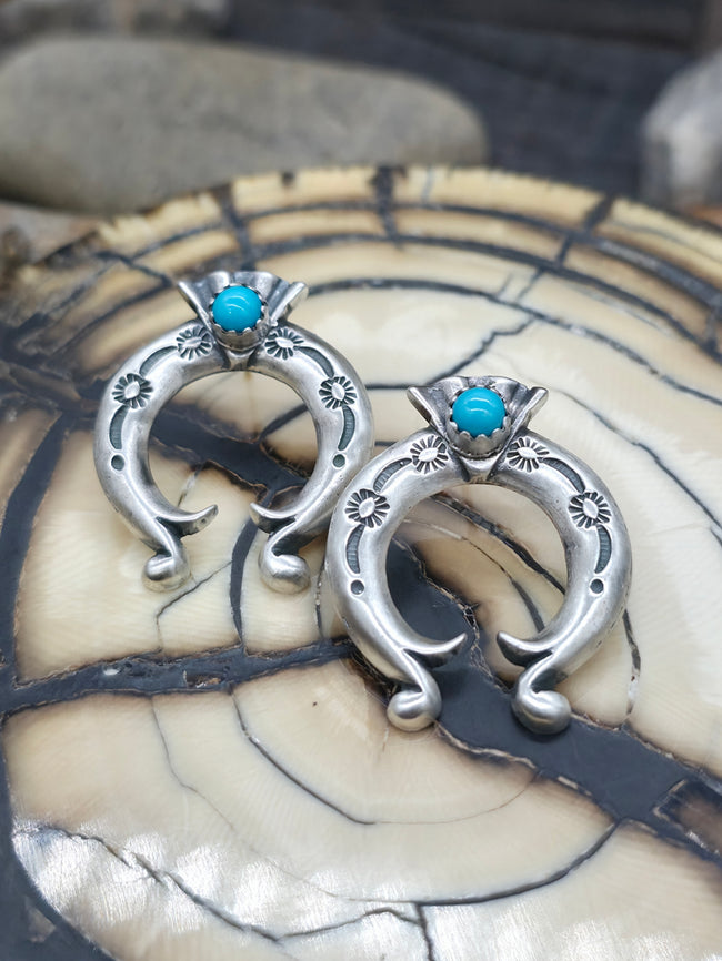 Stamped Sterling Silver and Turquoise Post Earrings by Adrienne Gordon - 1 1/4 in. by 1 in.