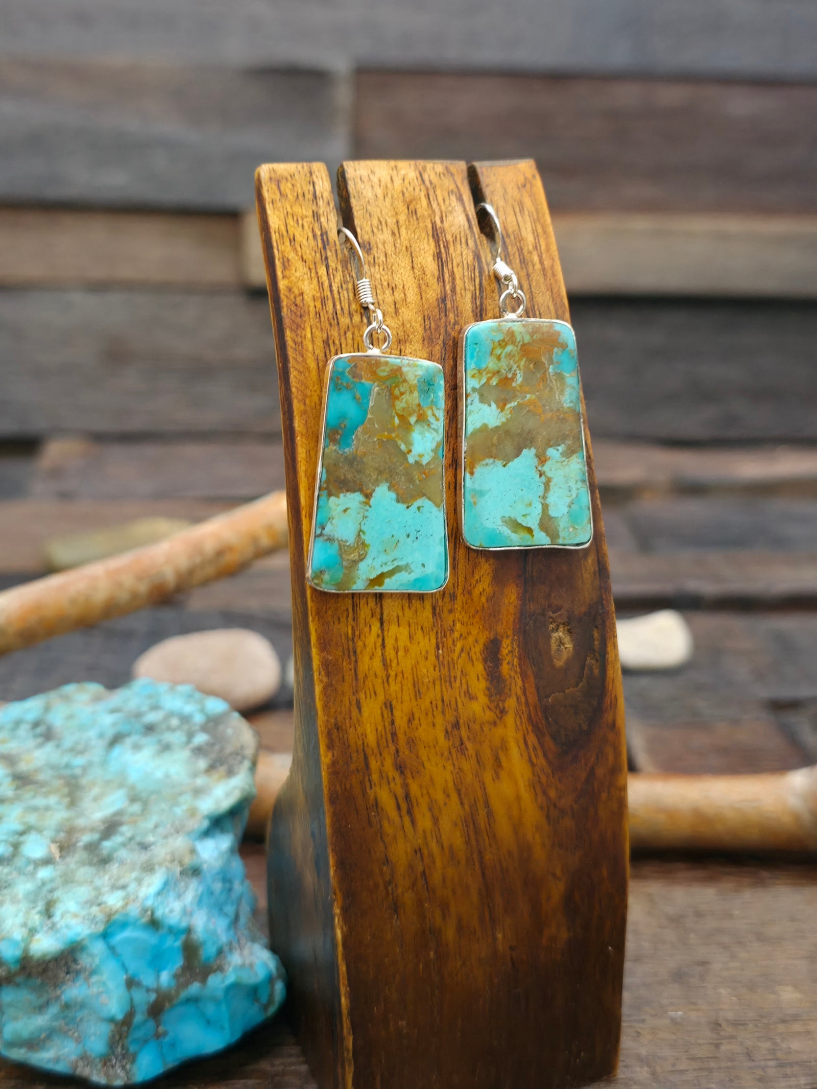 Sterling Silver Turquoise Slab Earrings by Veronica Tortalita - 2 in. by 3/4 in.