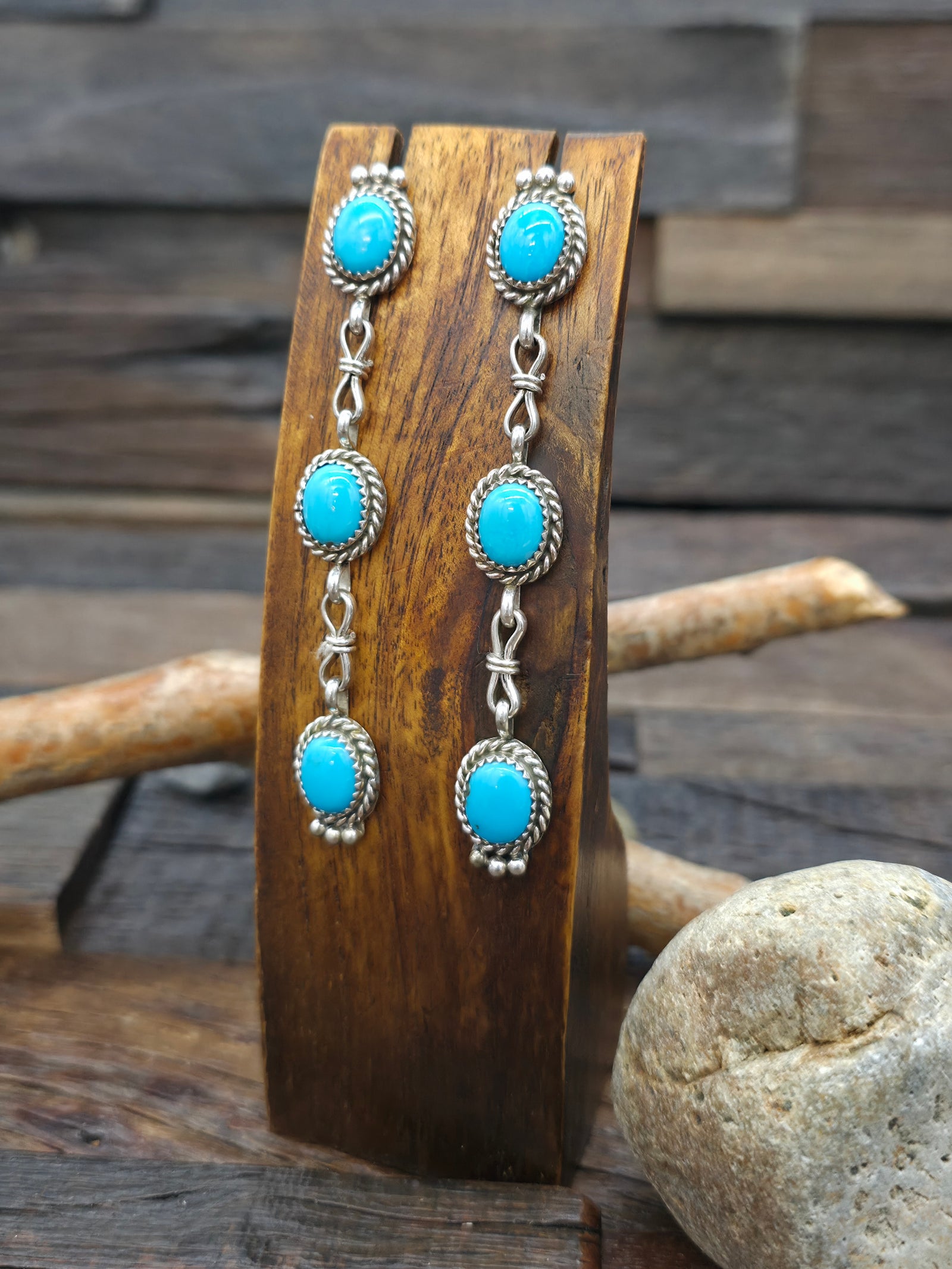 Three Stone Turquoise Post Dangle Earrings by Julia Etsitty