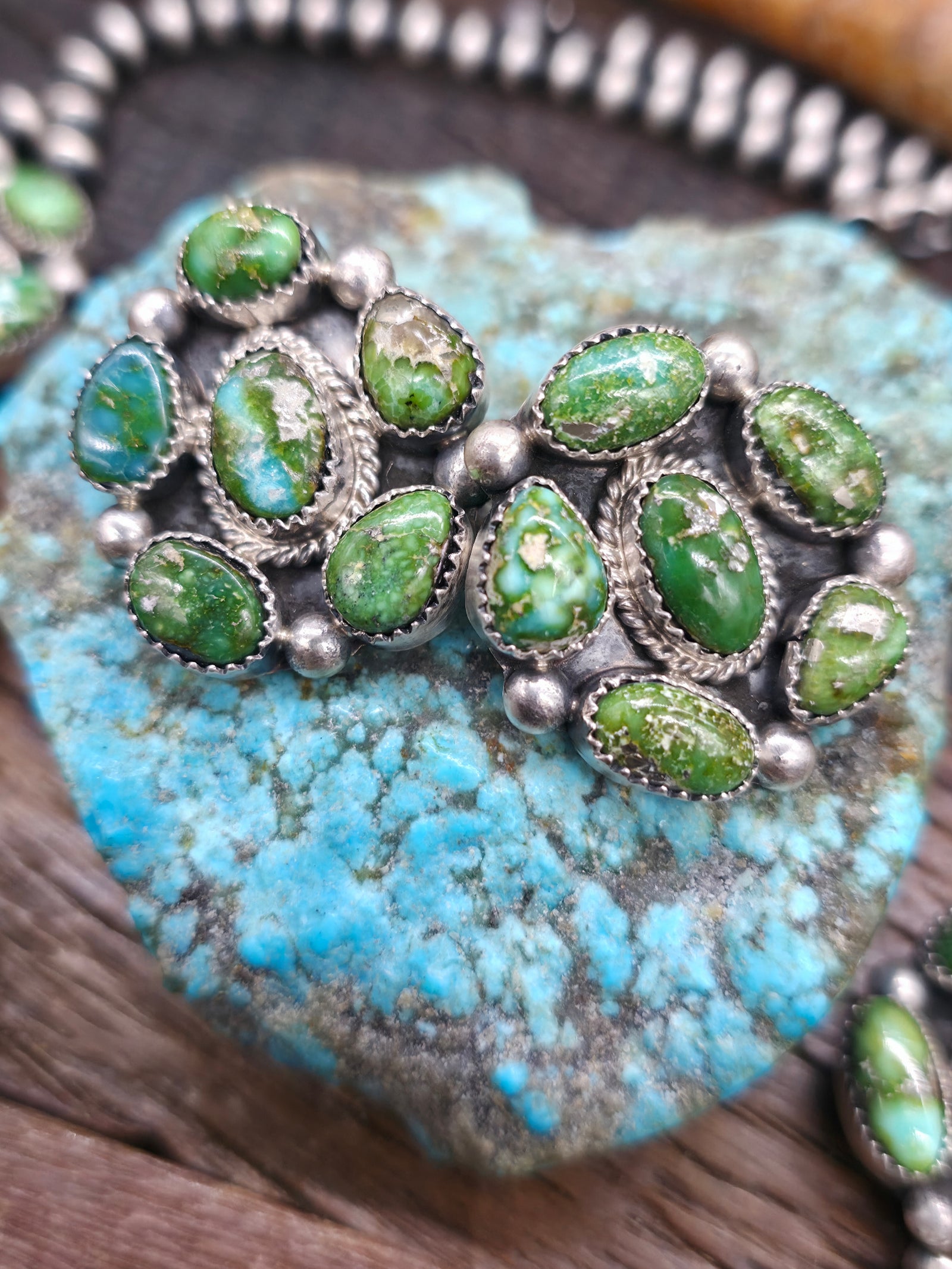 Sterling Silver Sonoran Turquoise Squash Blossom Necklace and Earring Set by Theresa Smith - 26 in.