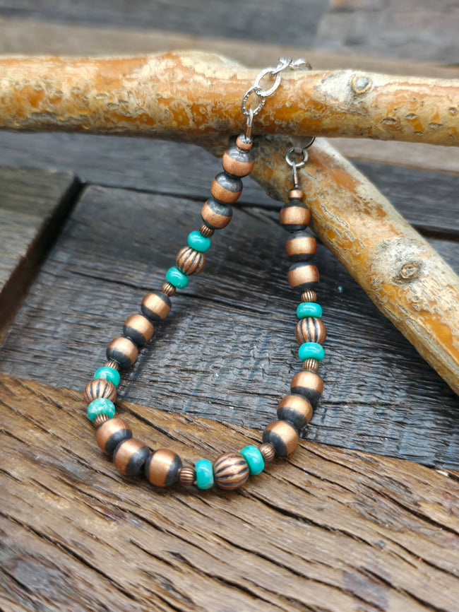 Copper and Turquoise Beaded Bracelet - 7 in. w 3/4 in. Extender