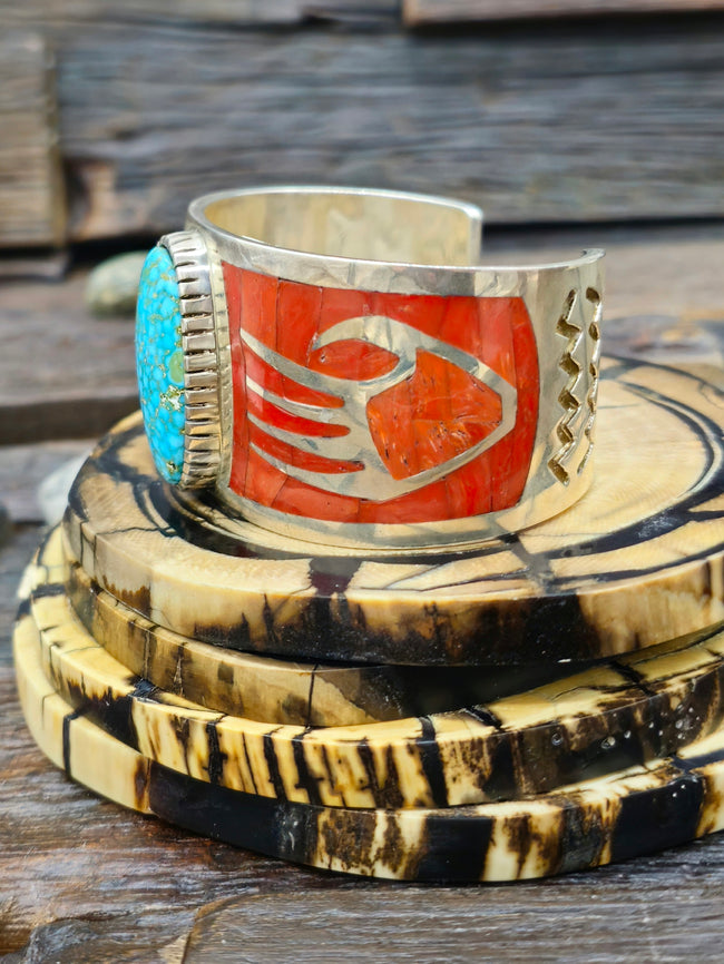 Turquoise and Coral Sterling Silver Cuff by Michael Perry - 7 in