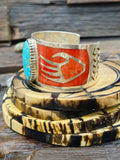 Turquoise and Coral Sterling Silver Cuff by Michael Perry - 7 in