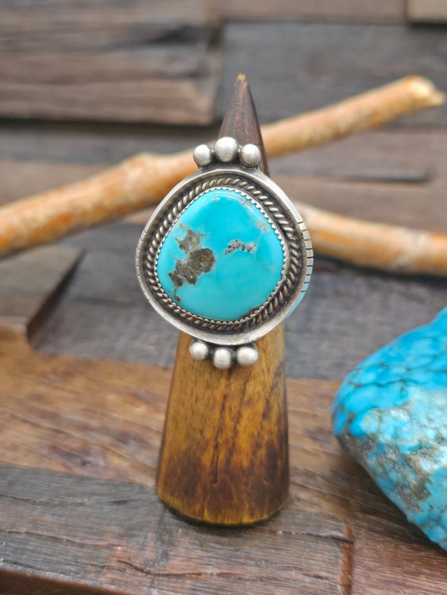 Blue Turquoise Sterling Silver Ring by Delbert Smith - Adjustable