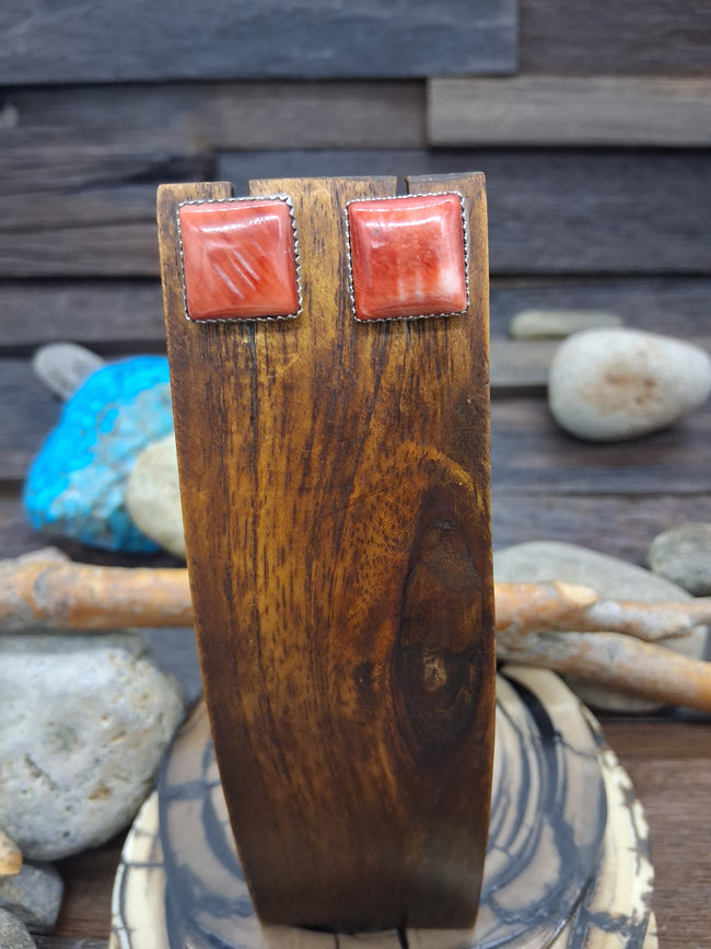 Red Spiny Oyster Sterling Silver Square Post Earrings by Dorothy Yazzie