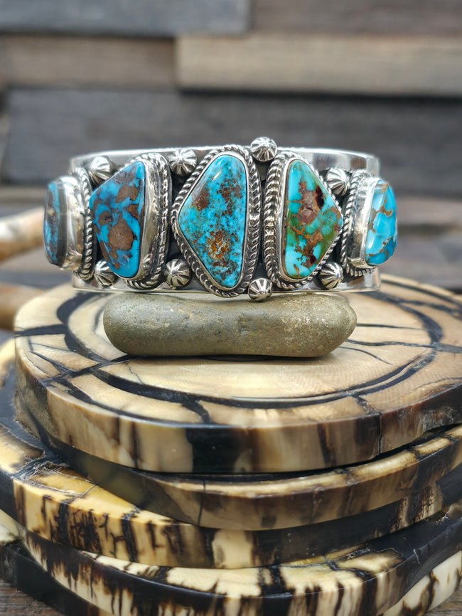 Stamped Sterling Silver and Blue Gem Turquoise Cuff by Delbert Delgarito  - 7 1/2in.