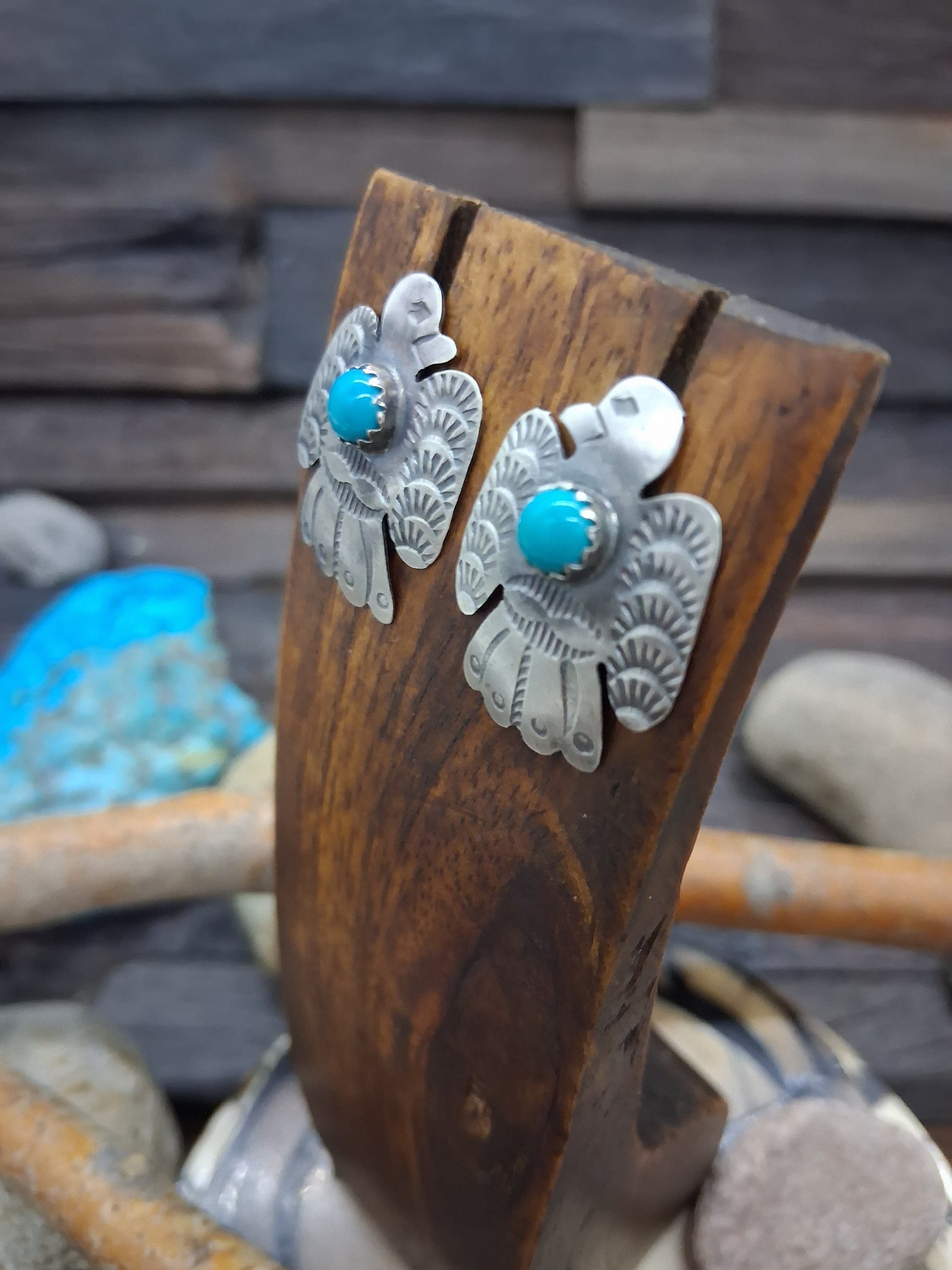 Sterling Silver Eagle Earrings with turquoise cabochon by Rolanda Yazzie (1")