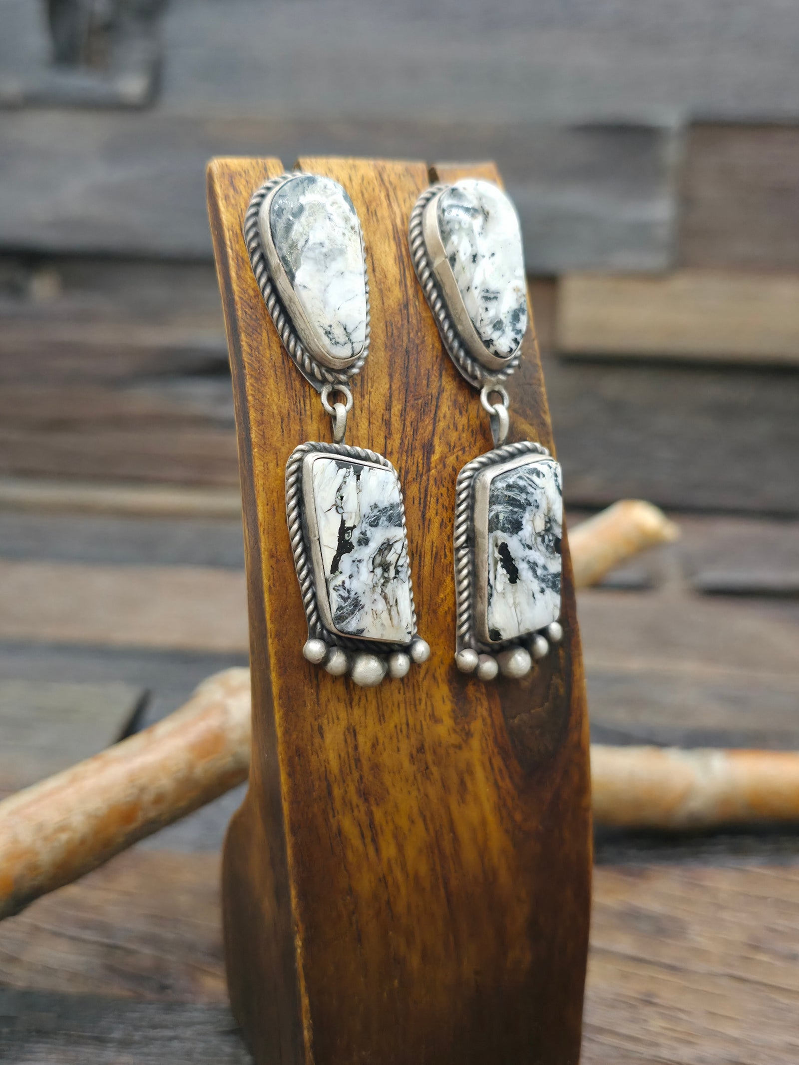 Two Stone Sterling Silver White Buffalo Post Dangle Earrings by LaRose Ganadanegro - 2 3/4 in. by 1/2 in.