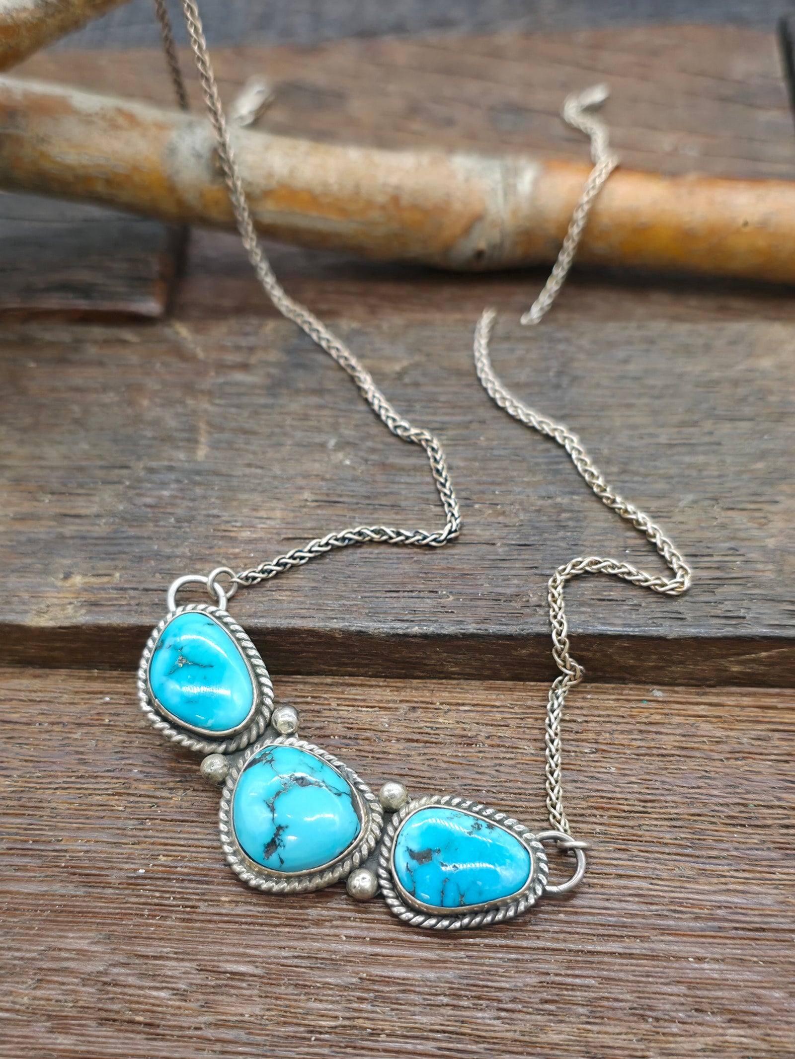 Three Stone Sterling Silver Turquoise Bar Necklace by Fred Peters - 20 in.