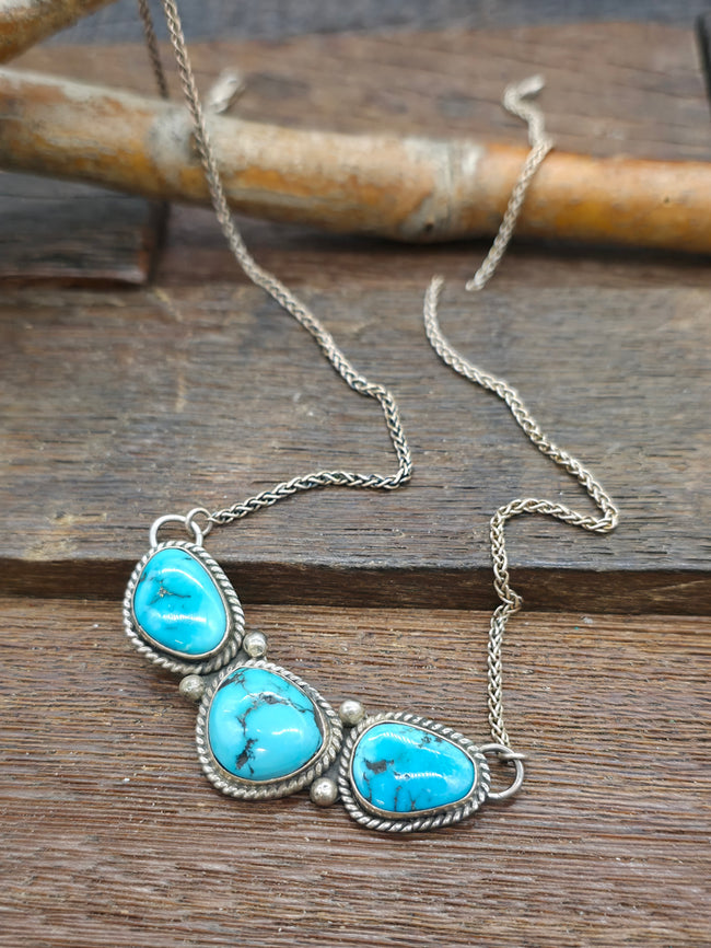 Three Stone Sterling Silver Turquoise Bar Necklace by Fred Peters - 20 in.