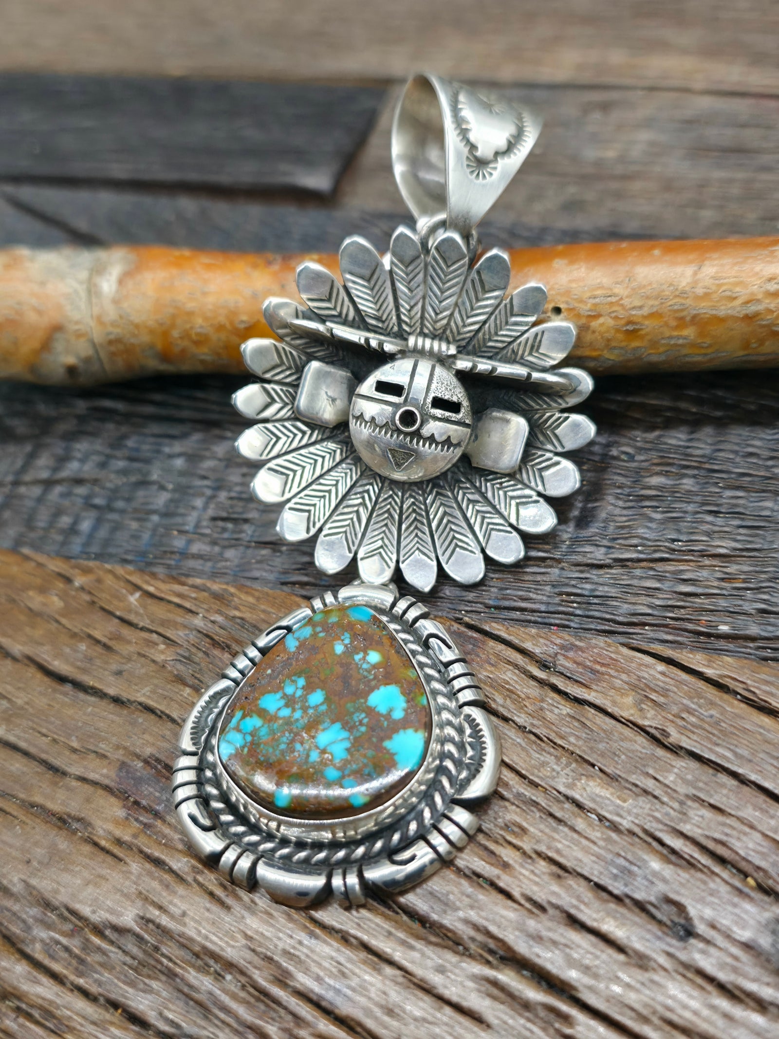 Sterling Silver Tyrone Turquoise Pendant by Fred Charley - 3 1/4 in. by 1 1/2 in.