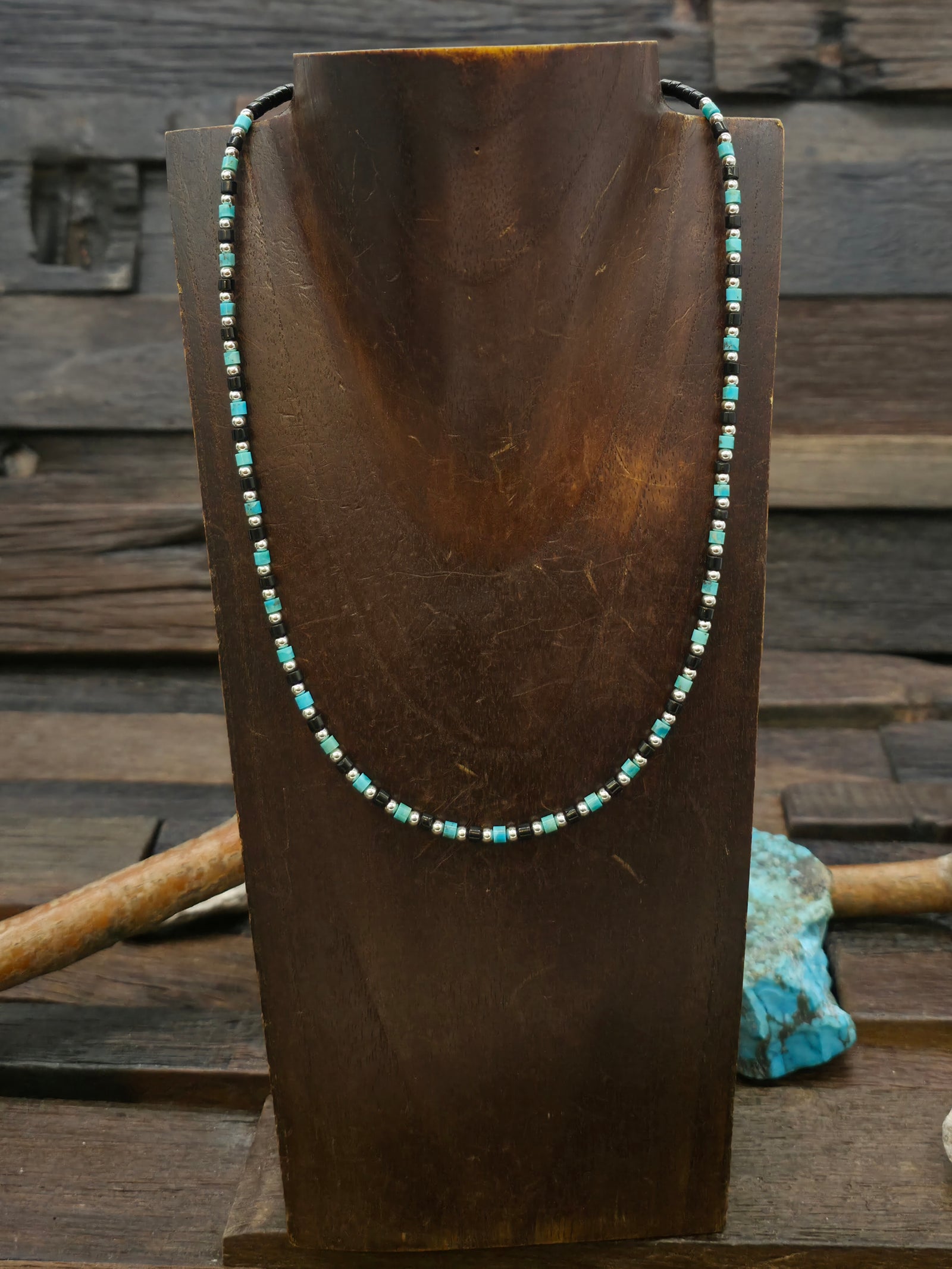 Turquoise and Jet Heishi Necklace with Sterling Silver Beads - 18 in.