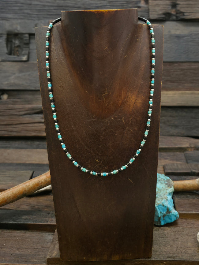 Turquoise and Jet Heishi Necklace with Sterling Silver Beads - 18 in.
