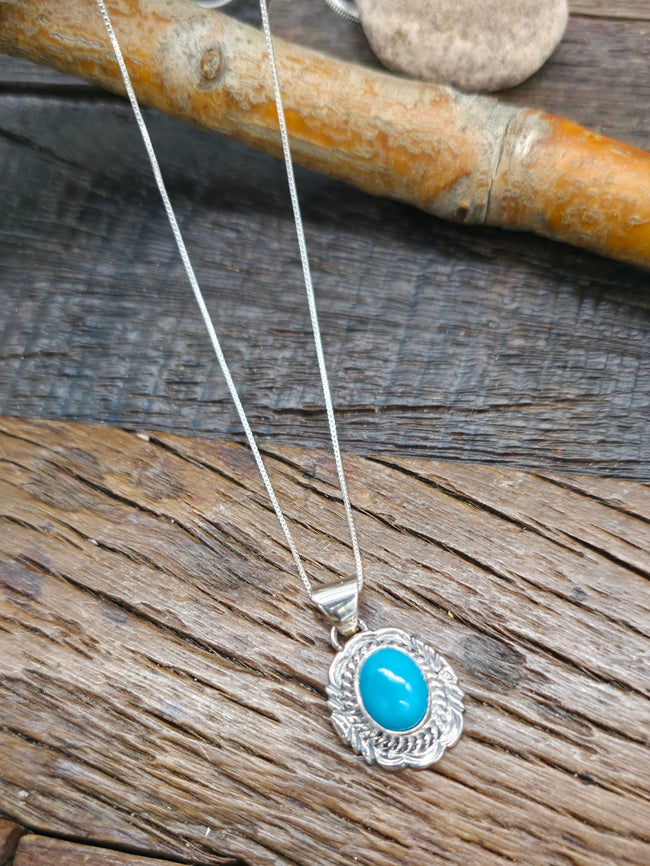 Stamped Sterling Silver Sleeping Beauty Turquoise Pendant on 18 in. Chain