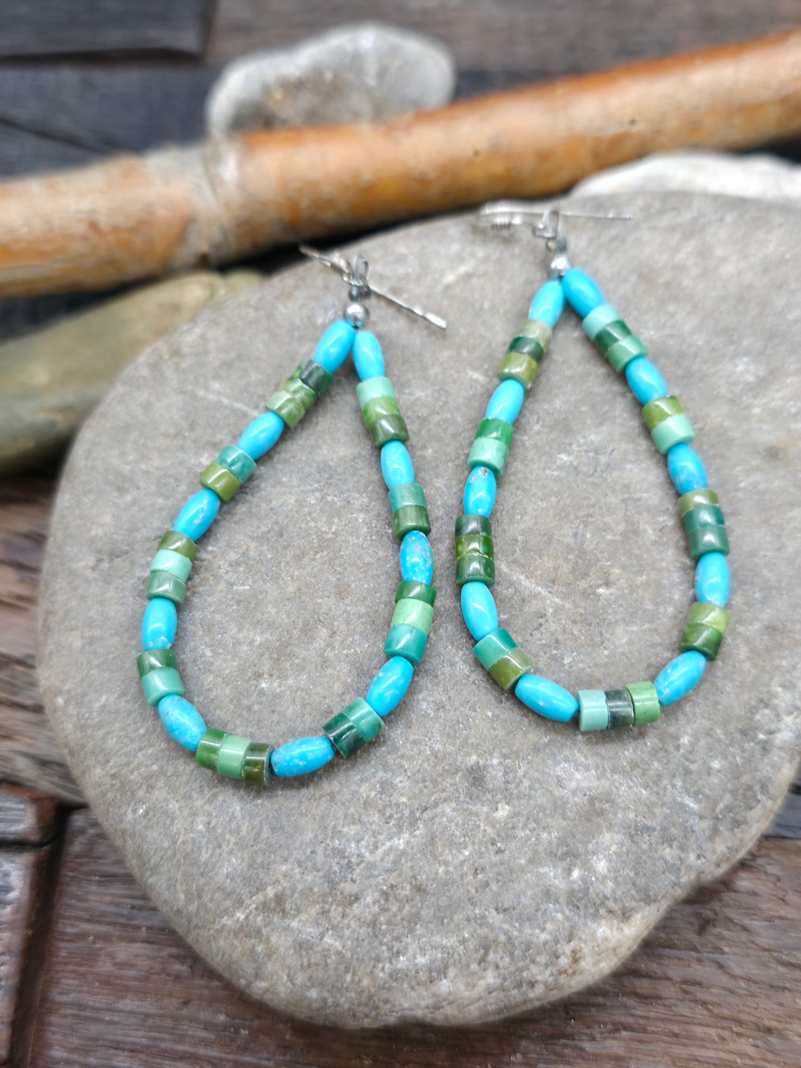 Turquoise Stone Barrel Bead and Heishi Earrings by Fred Archuleta