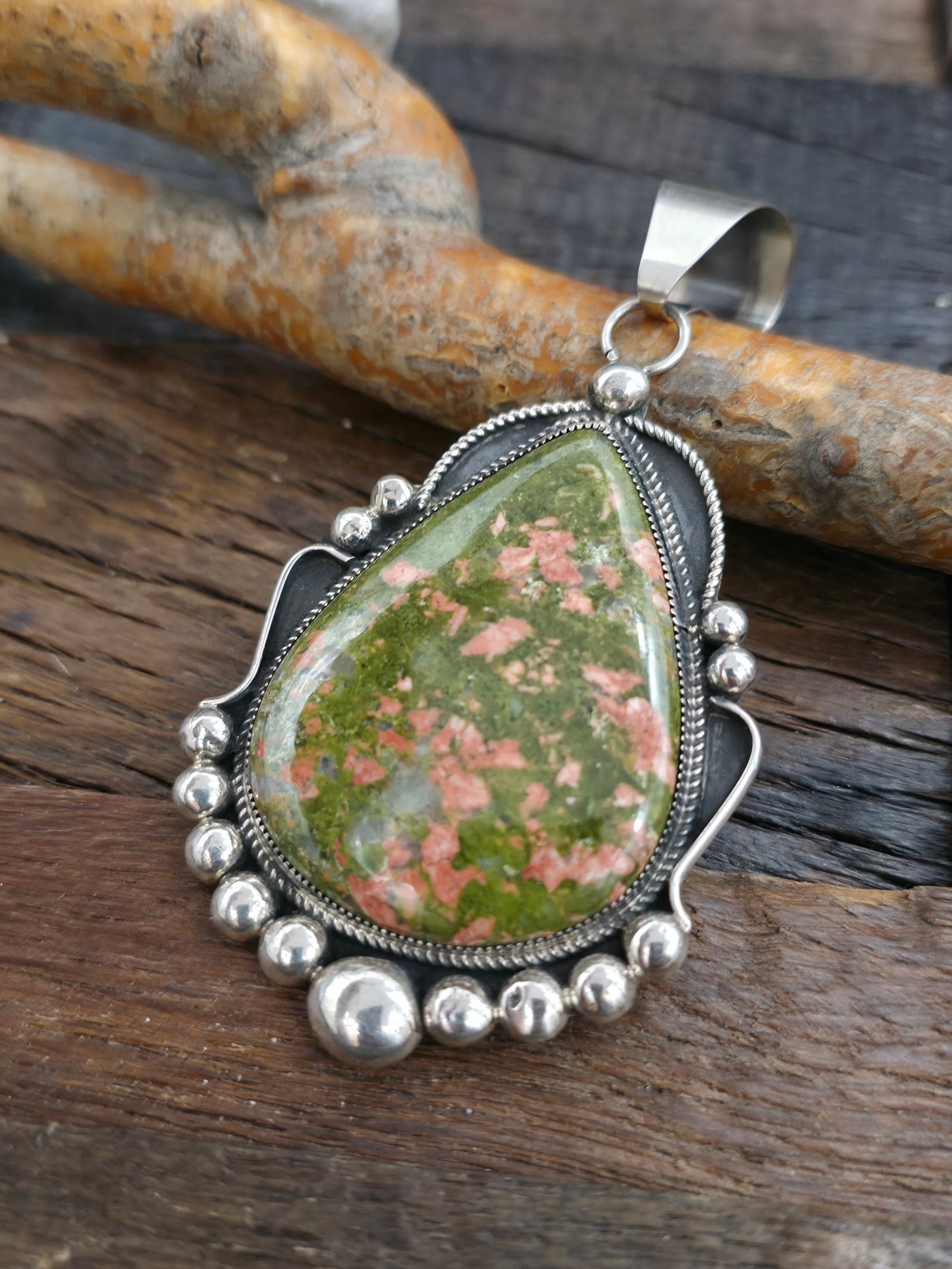 Unakite Stone and Sterling Silver Pendant by Leslie Nez