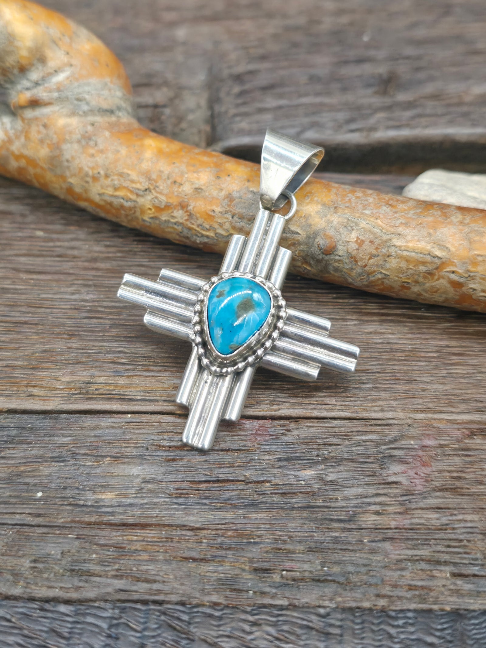 Turquoise and Sterling Silver Zia Symbol Pendant by Priscilla Apache - 2 in. by 1 1/2 in.