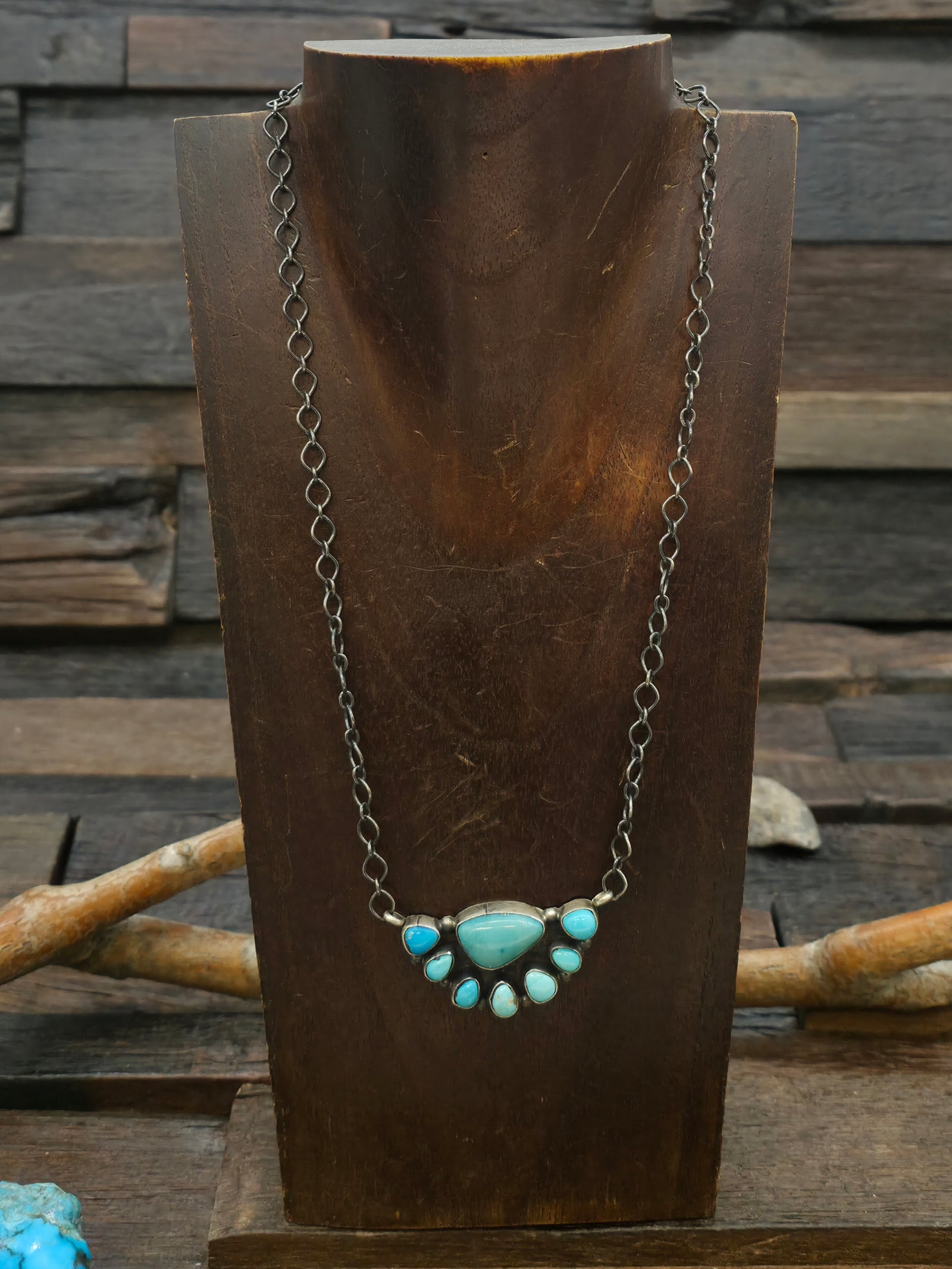 Sterling Silver Turquoise Half Cluster Pendant Necklace by R. Calladito - 19 in.