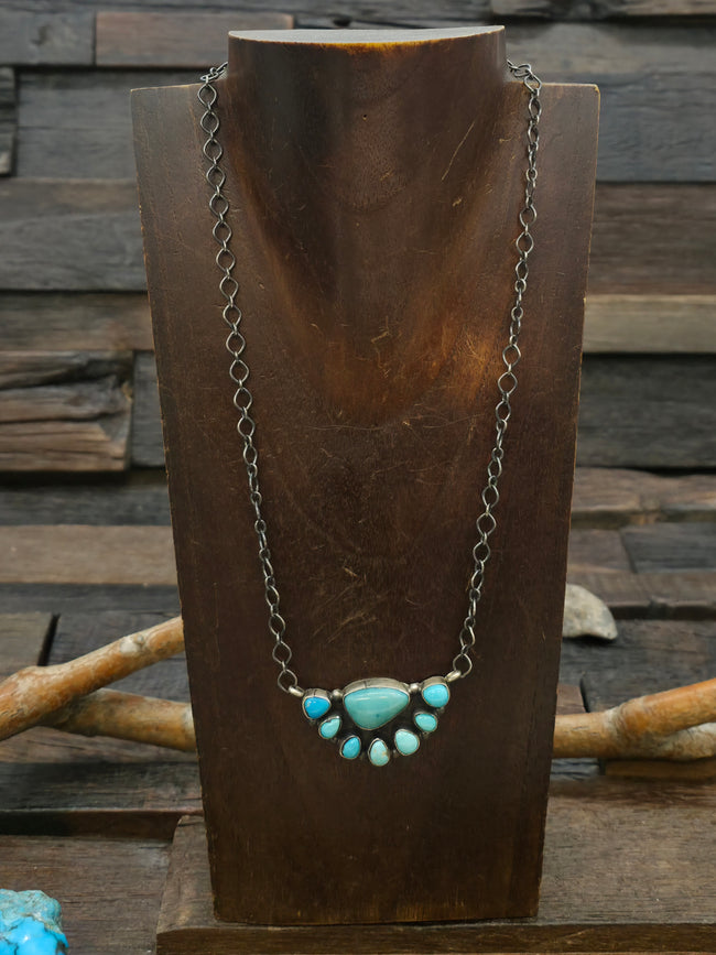 Sterling Silver Turquoise Half Cluster Pendant Necklace by R. Calladito - 19 in.