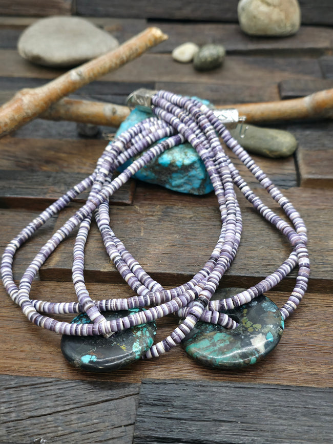 Five Strand Wampum Shell Necklace with Skyhorse Turquoise Discs by Fred Archuleta - 18 in. with 6 in. Extender