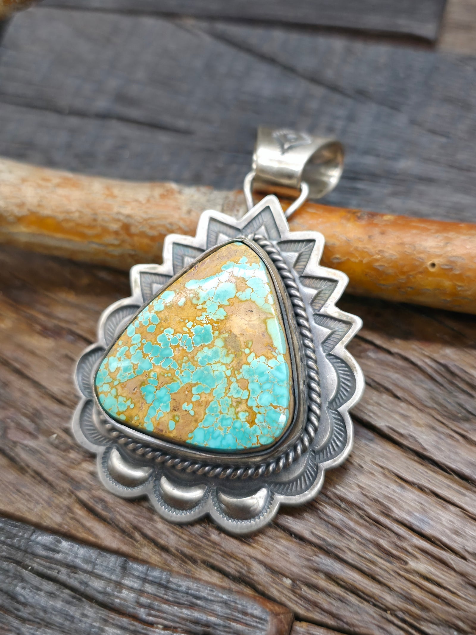Stamped Sterling Silver Royston Turquoise Pendant by Jeff Lucio - 2 3/4 in. by 1 3/4 in.