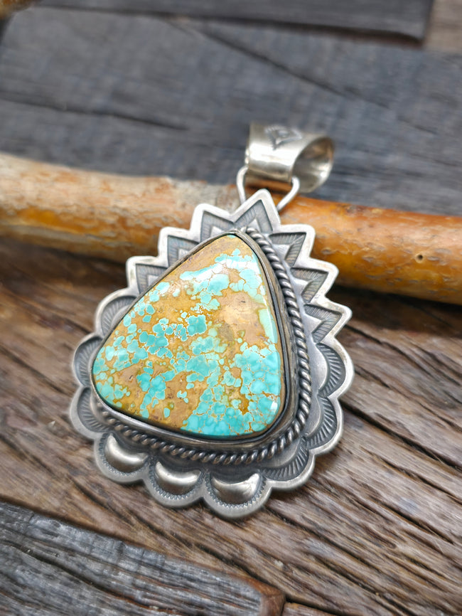 Stamped Sterling Silver Royston Turquoise Pendant by Jeff Lucio - 2 3/4 in. by 1 3/4 in.