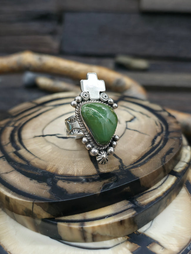 Sterling Silver and Royston Turquoise Santa Fe Cross Ring by E.M. Linkin - Size 9 1/2