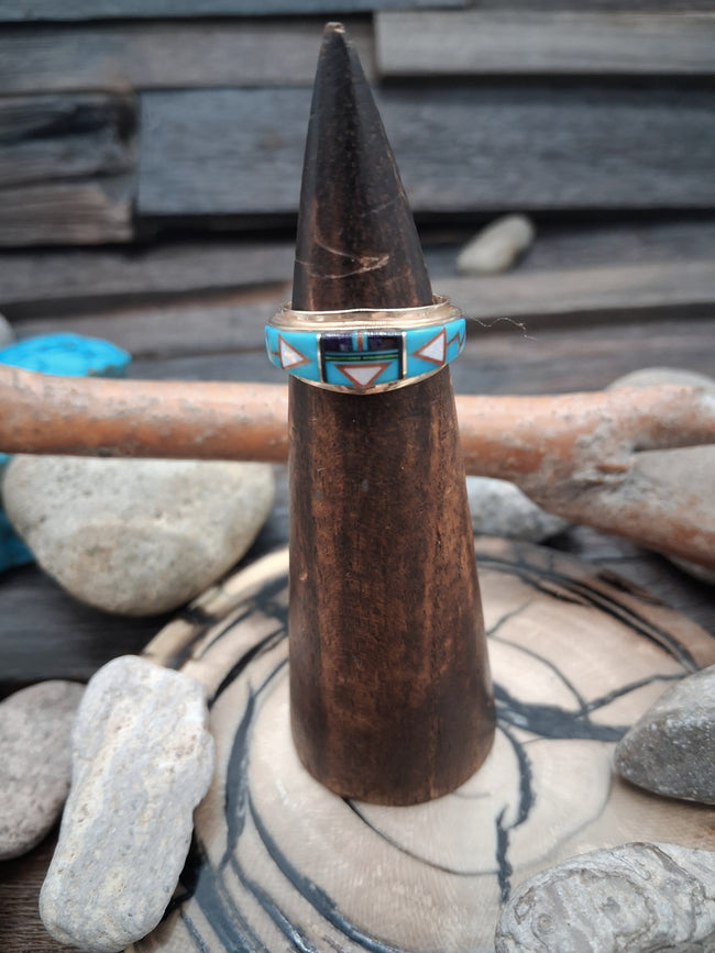 14 KT Gold Inlay Fire Opal Turquoise Black Onyx Coral Ring Size 7 by Gary Arviso