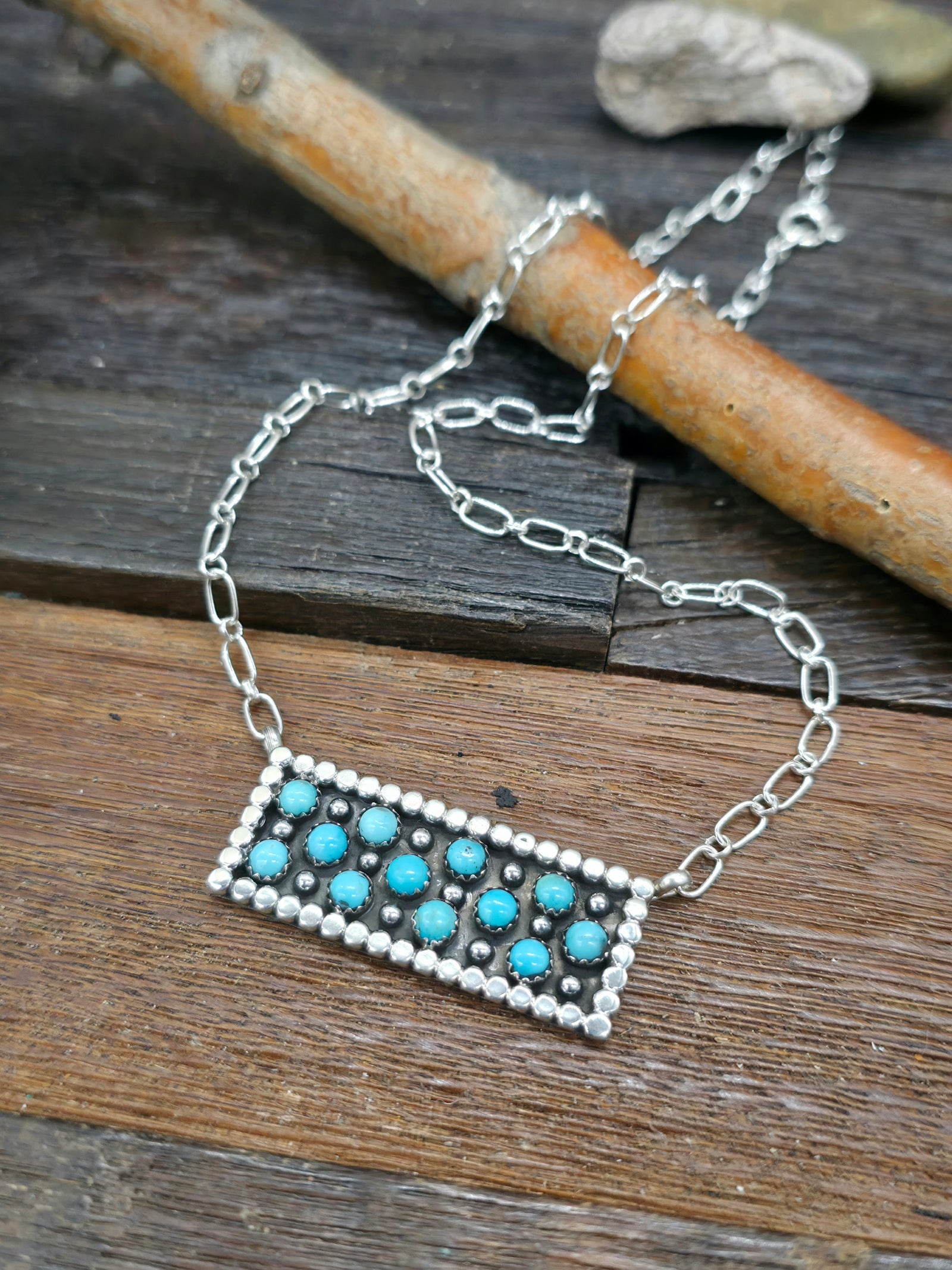 Turquoise Snake Eye and Sterling Silver Bar Necklace by Kenny Lonjose - 18 in.