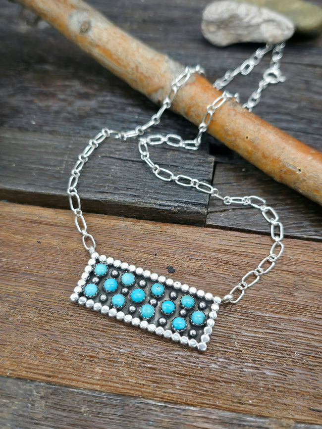 Turquoise Snake Eye and Sterling Silver Bar Necklace by Kenny Lonjose - 18 in.