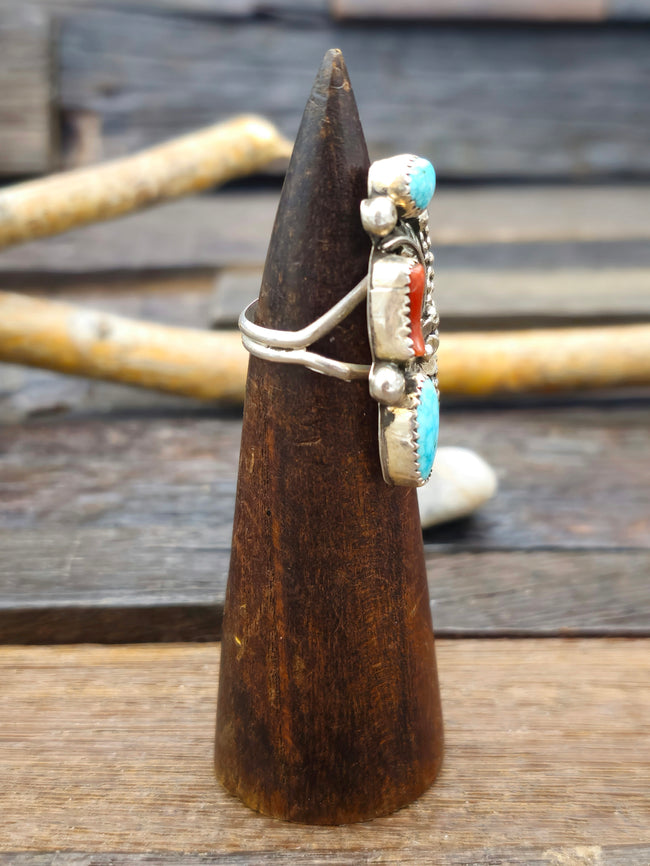 Vintage/Estate Blue Turquoise and Coral Sterling Silver Ring by Shirley Largo - Size 8 1/2