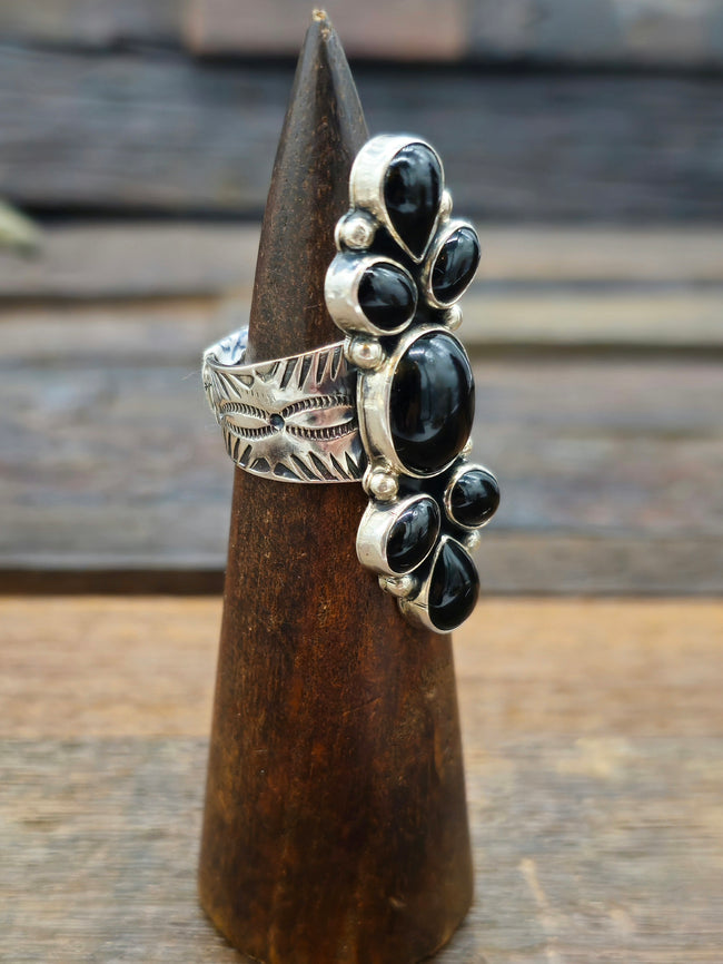 Sterling Silver Black Onyx Cluster Ring - Size 10