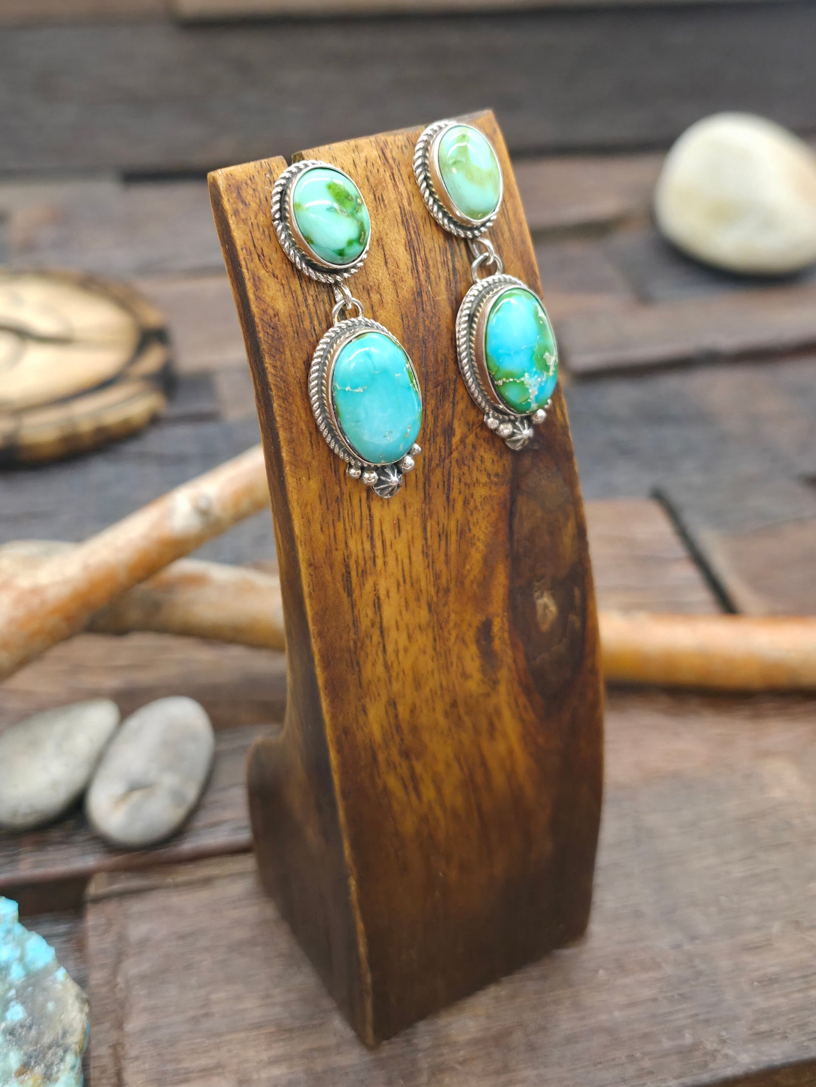 Two Stone Sonoran Turquoise Sterling Silver Post Earrings by "AP"