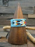 Beadwork Cuff - Large Feather Design on Blue - 7 in.