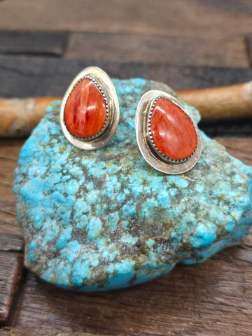 Blue and Green Turquoise and Apple Coral Hanging Loop Bead Earrings by Fred Archuleta - 2 1/2 in. by 1 in.