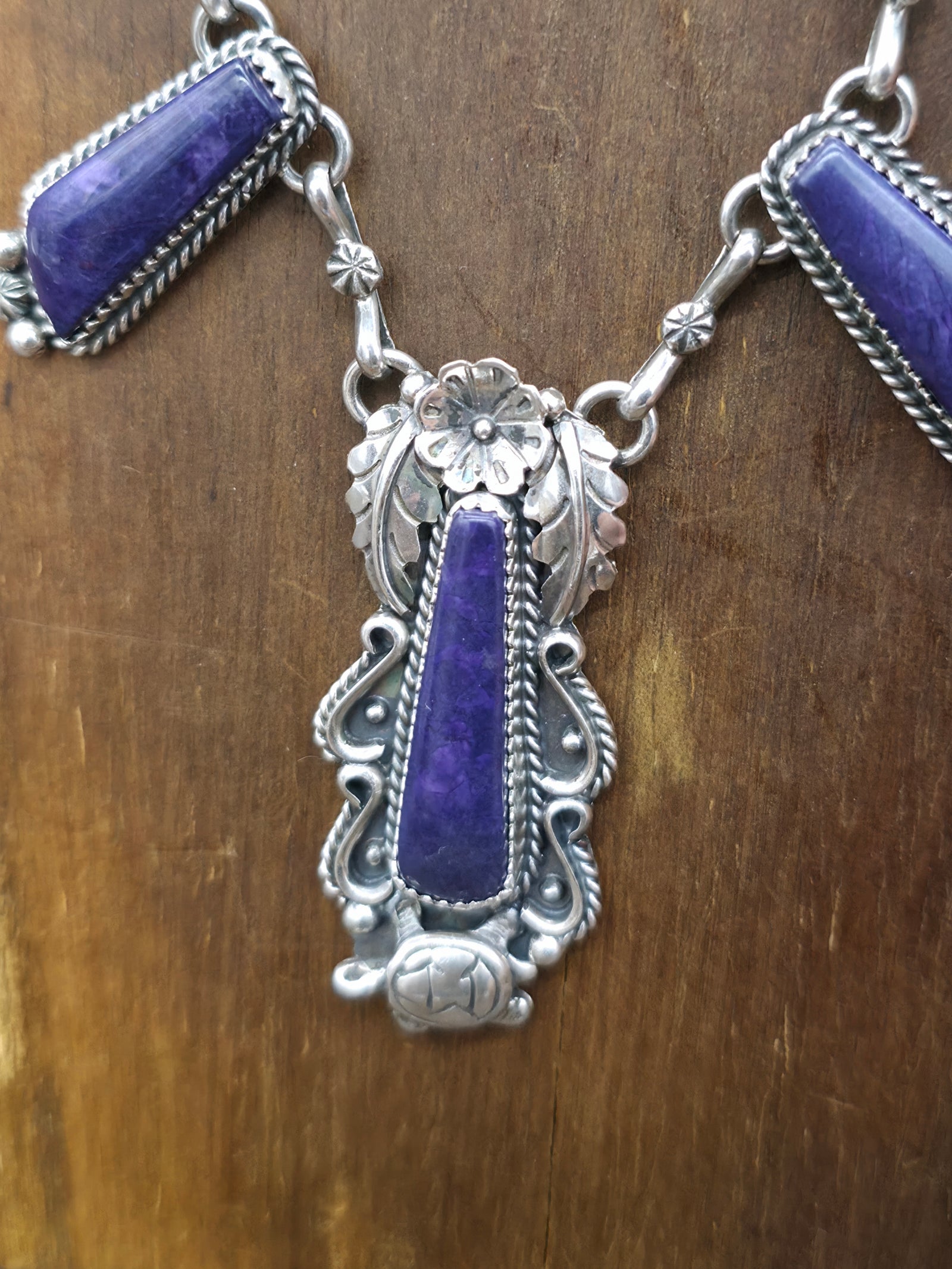 Sugilite and Sterling Silver Necklace with Flower and Turtle by Brenda Jimenez - 21 in.