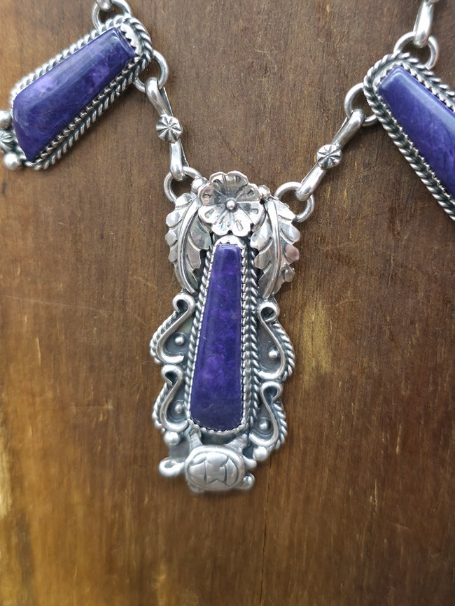 Sugilite and Sterling Silver Necklace with Flower and Turtle by Brenda Jimenez - 21 in.