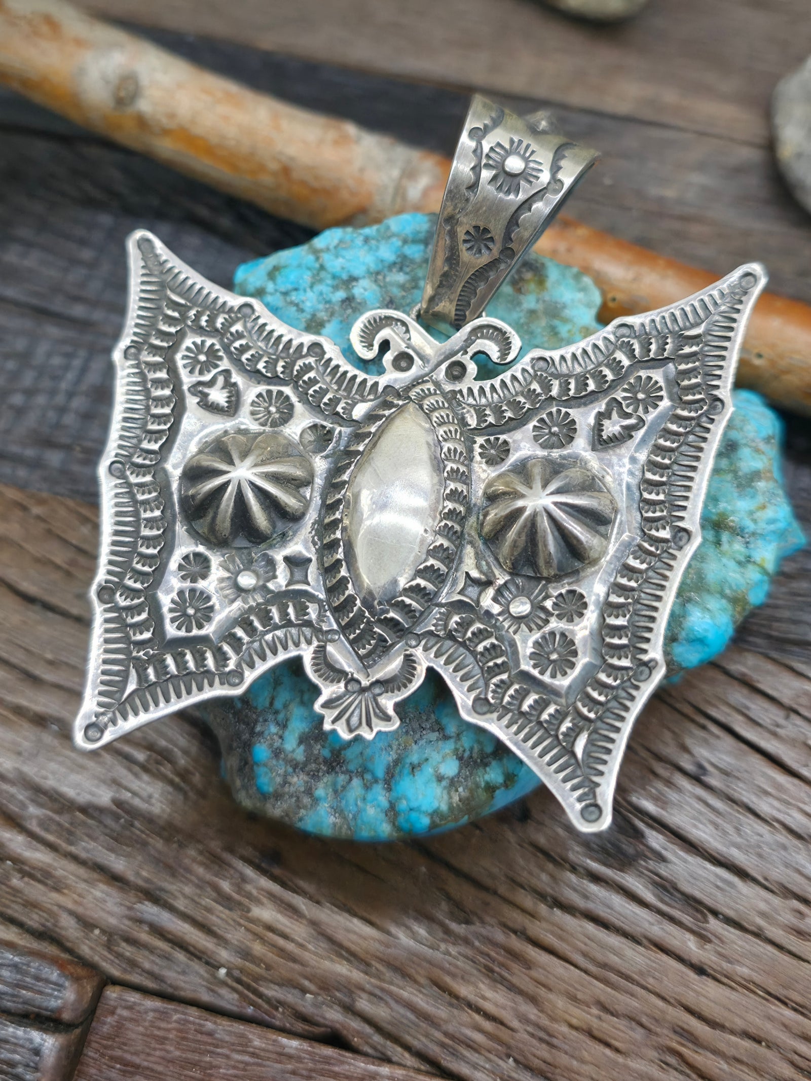 Stamped Sterling Silver Butterfly Pendant by Sunshine Reeves - 3 in. by 3 in.