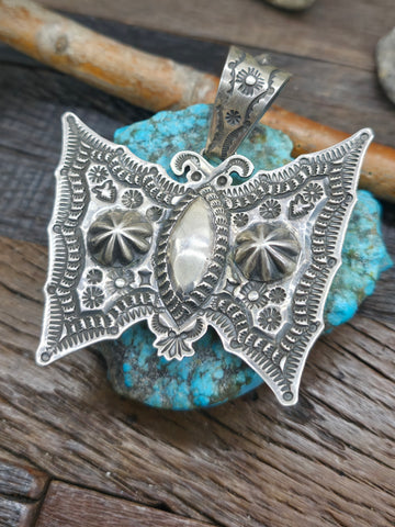 Sterling Silver Lapis and Candelaria Turquoise Cluster Pendant by Rosella Paxson - 3 1/4 in. by 1 3/4 in.