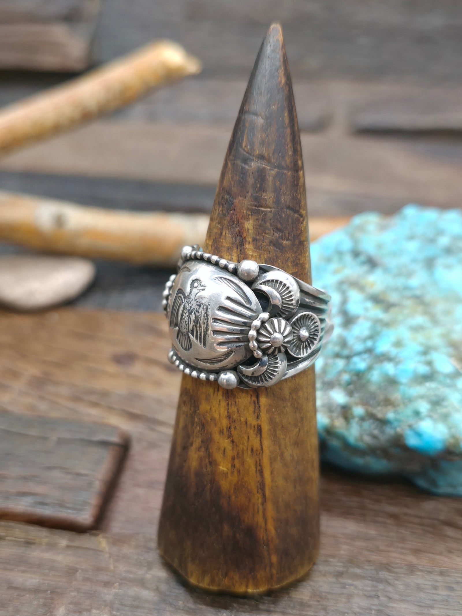 Stamped Sterling Silver Thunderbird Ring by Delbert Gordon - Size 14