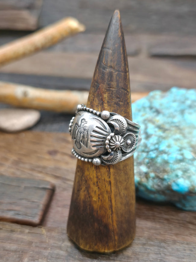 Stamped Sterling Silver Thunderbird Ring by Delbert Gordon - Size 14