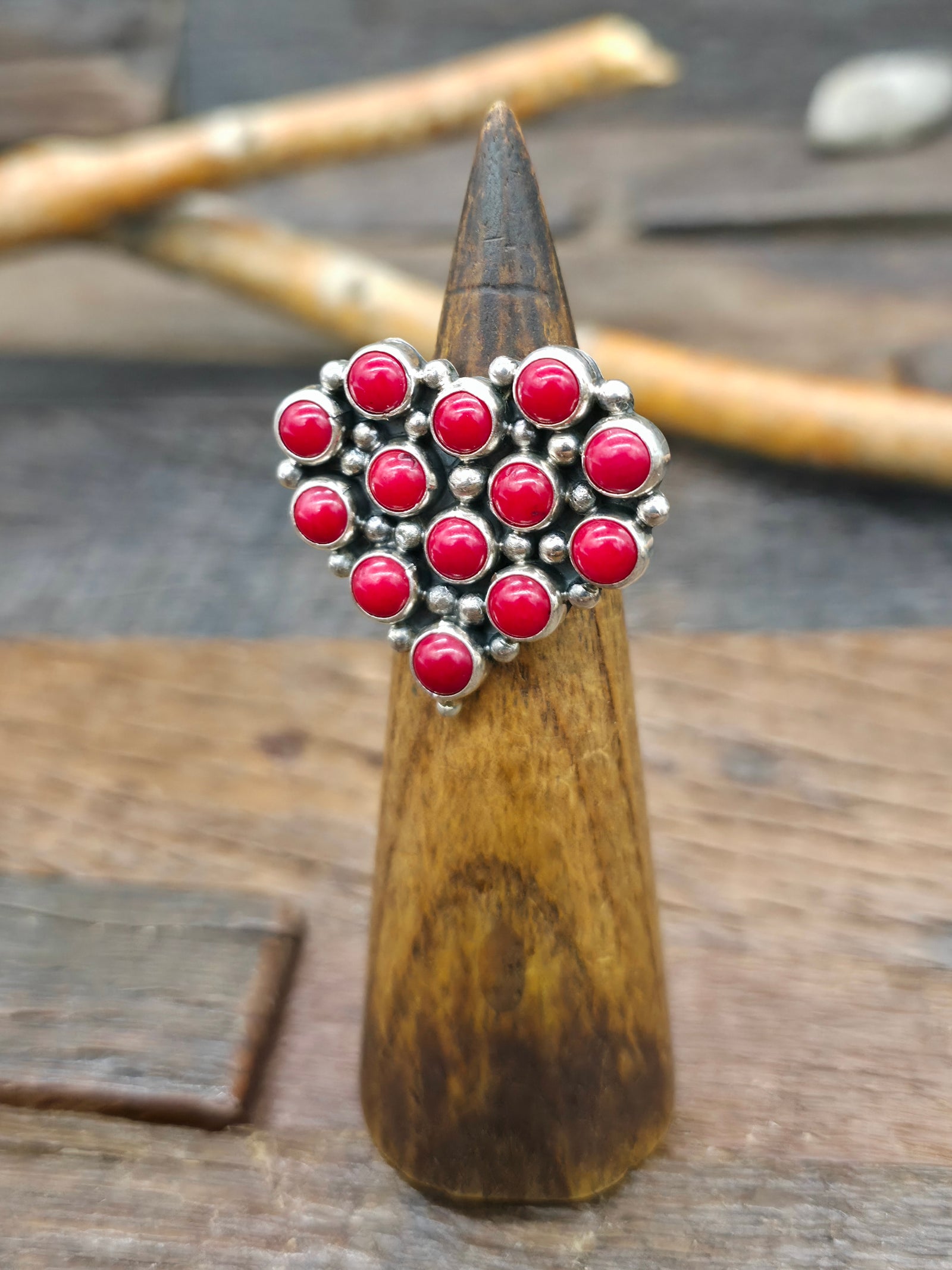 Sterling Silver Bamboo Coral Heart Ring by Martin Perry - Size 8 1/2