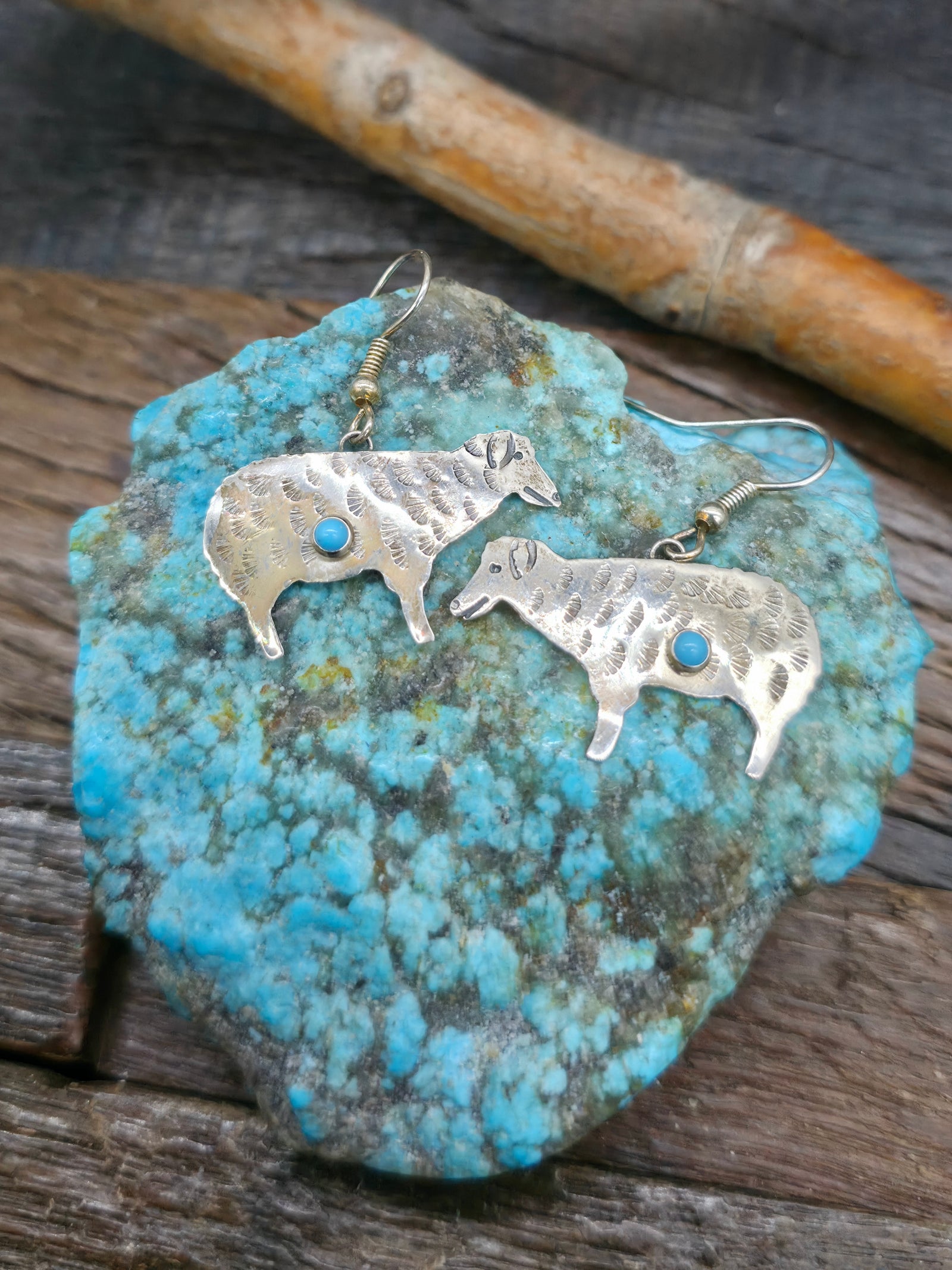 Sterling Silver Turquoise Sheep Earrings by Lucille Platero -1 1/2 in. by 1 1/4 in.