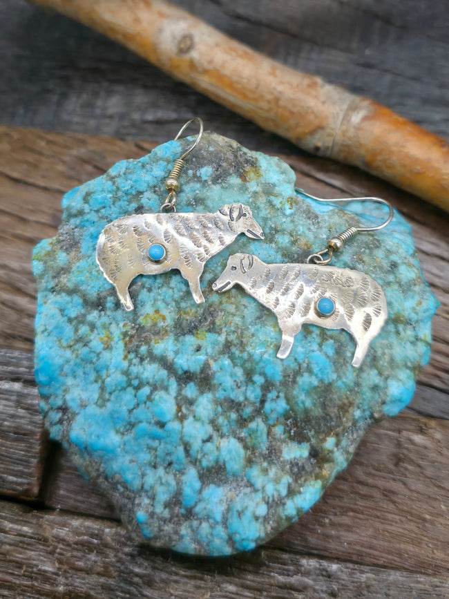 Sterling Silver Turquoise Sheep Earrings by Lucille Platero -1 1/2 in. by 1 1/4 in.