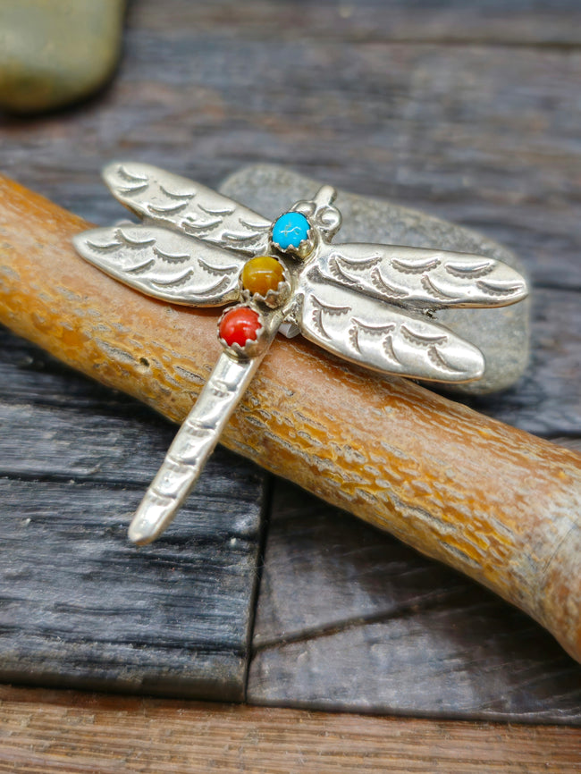 Sterling Silver Turquoise Tiger's Eye and Coral Dragonfly Pin by Pauline Nelson