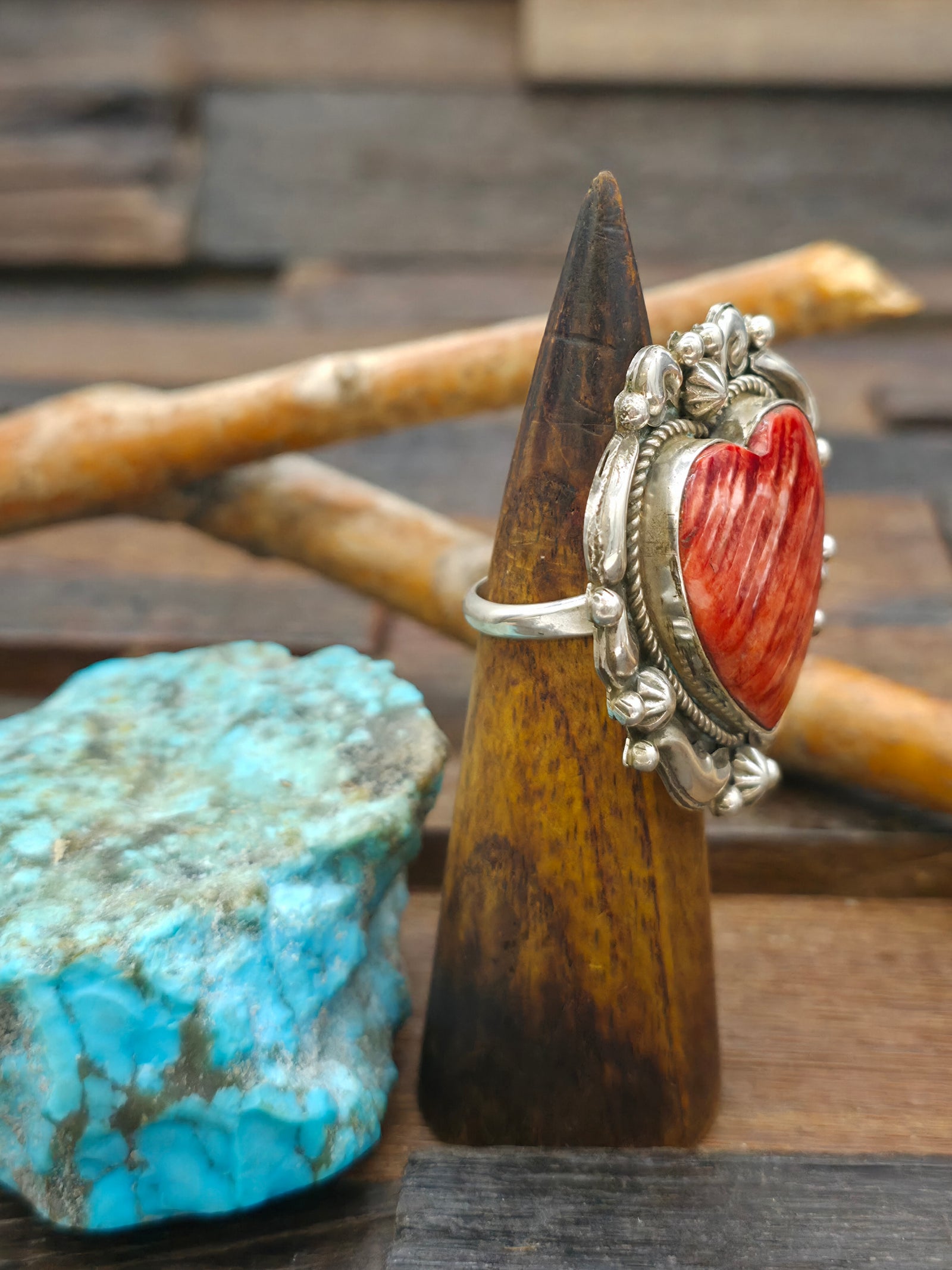 Repousse Stamped Sterling Silver Red Spiny Ring by Richard Jim - Adjustable