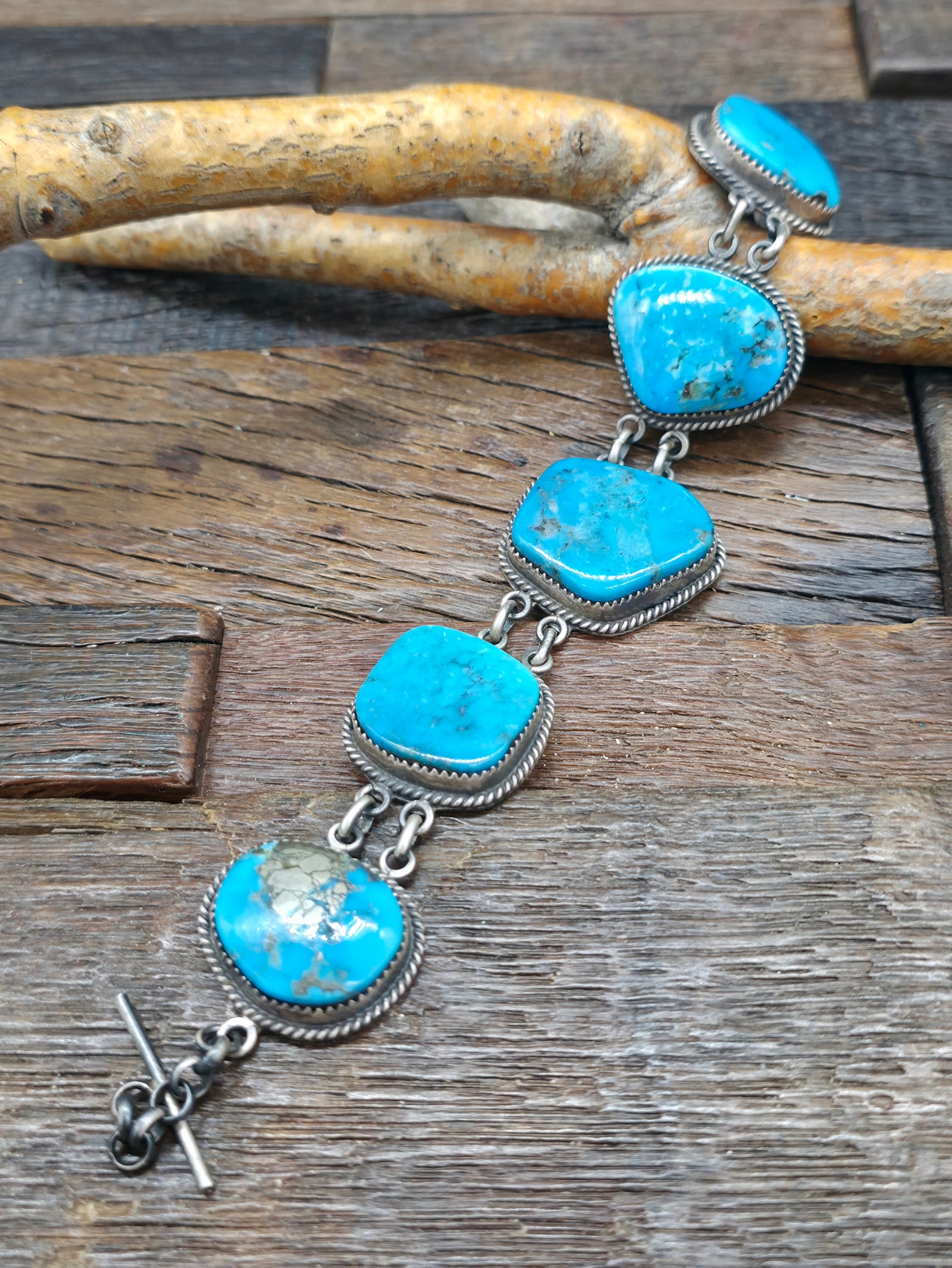 Five Stone Kingman Turquoise Sterling Silver Link Bracelet by LaRose Ganadanegro - 9 1/2 in.