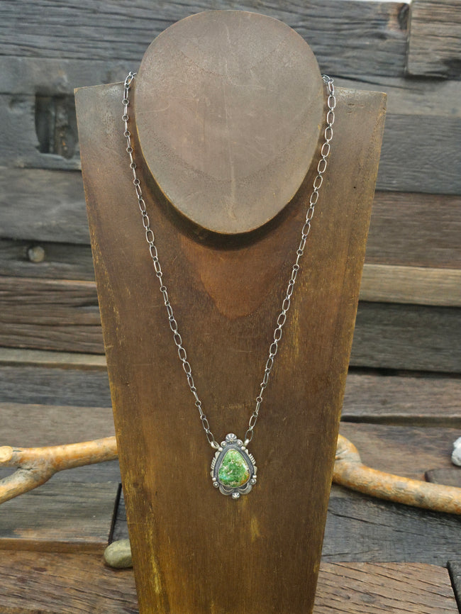 Stamped Sterling Silver and Sonoran Turquoise Pendant Necklace by Daniel Benally - 18 in.