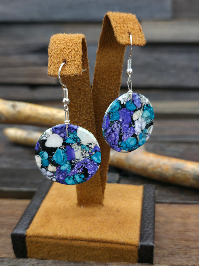 Blue/Purple Dyed Composite Round Slab Earrings by Robert Crespin